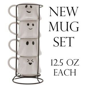 NEW Ceramic Ghost Mugs Mug Set of 4 Stacking Stackable White Stoneware Can hold